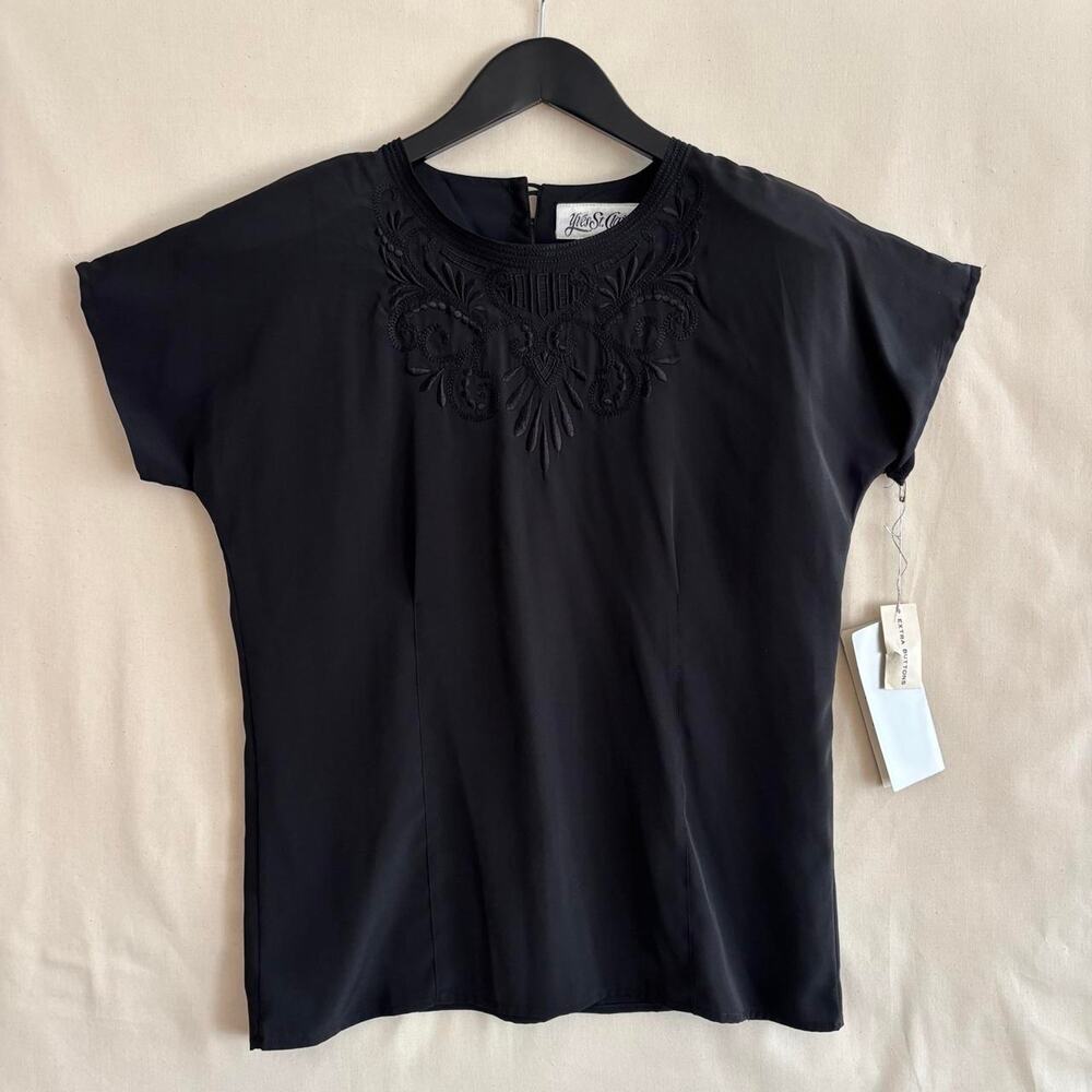 Vintage 80s Yves St. Clair Black Embroidered Blouse Deadstock NWT - Size 6